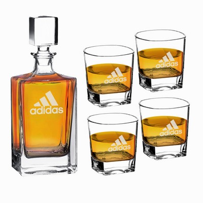 Rectangle-Shaped Glass 810Ml Decanter Gift Set w/ Four 8 Oz. Rocks Glasses